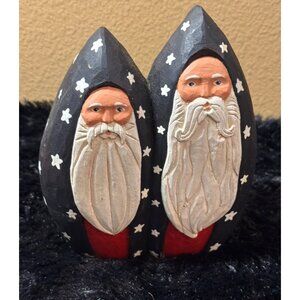 Hand-Carved Wooden Santa Figurines With Starry Black Cloaks & Long White Beards